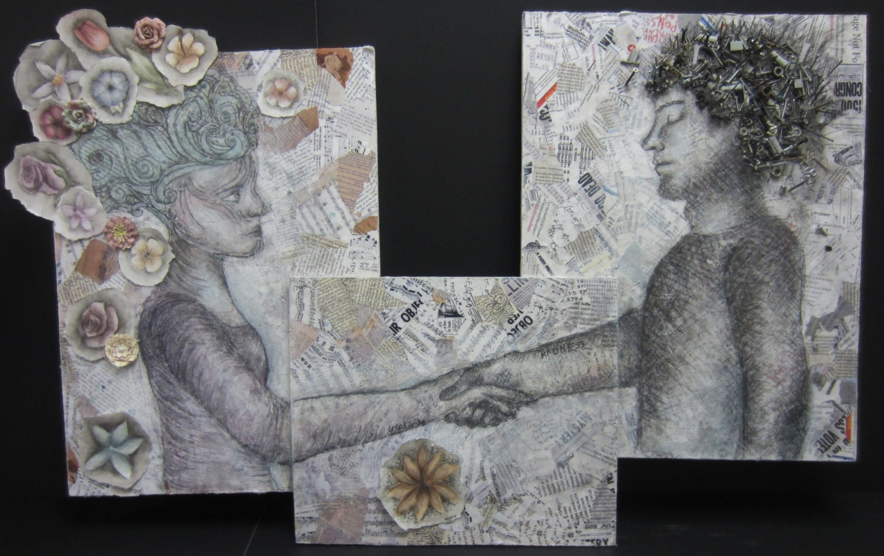 Mixed Media: Charcoal, watercolor, acrylics, found objects. 2012 On wood.